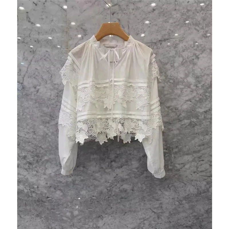 

2025 Autumn Winter New Style Women's Long Sleeve Shirt Fashionable Embroidered Lace Patchwork Bow Tie Stand Collar Top