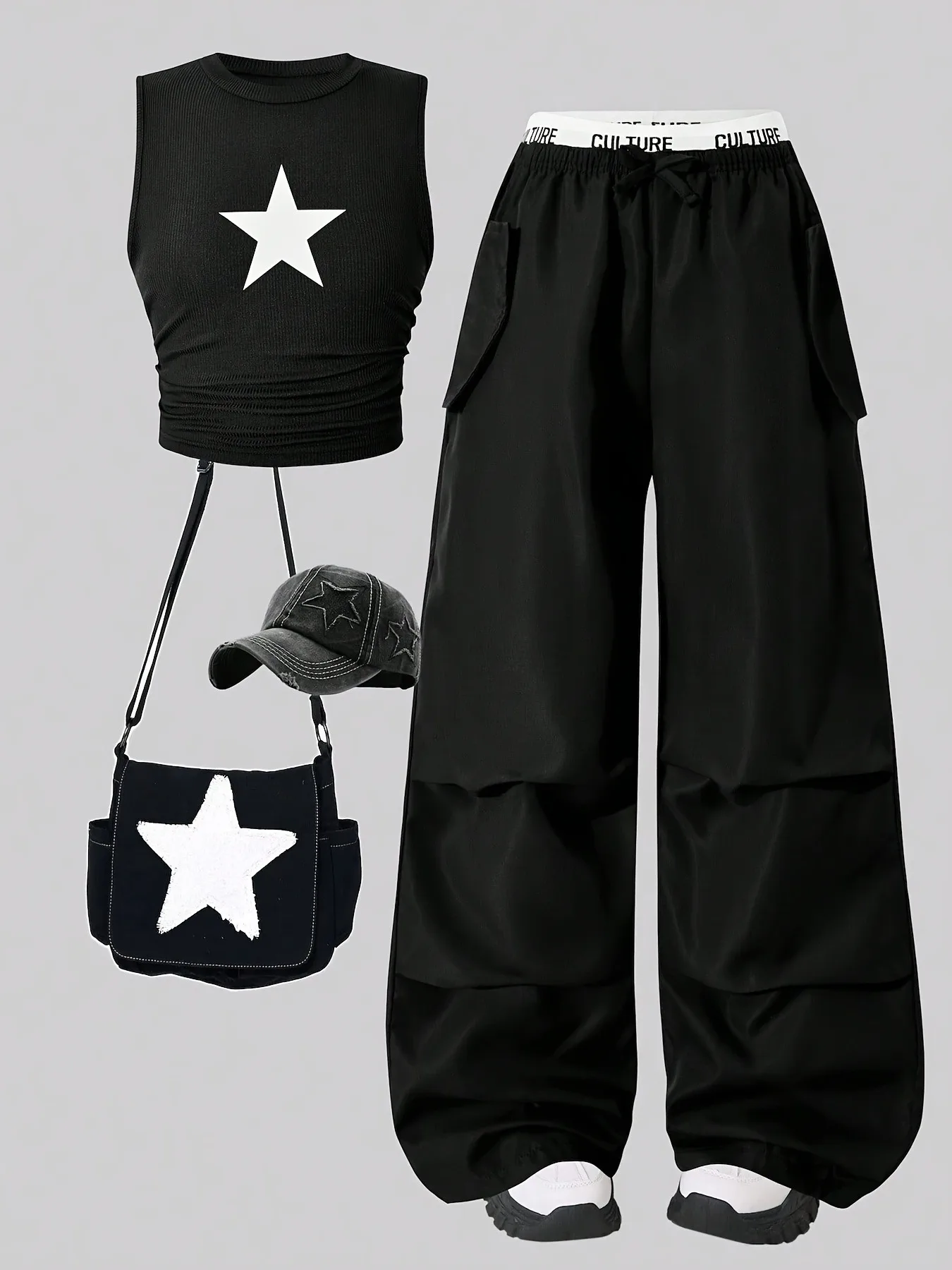 2-teiliges Set aus Crop-Top und Cargohose mit Sternenmuster für Mädchen, Sommer, lässiges Y2K-Streetwear-Outfit