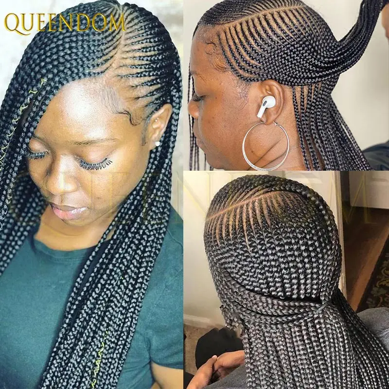 Peruki syntetyczne z pełną koronką, z przedziałkiem bocznym, w stylu Goddess Box Braid z baby hair, imitujące dredy faux locs i cornrow, dla czarnoskórych kobiet, 36 cali.