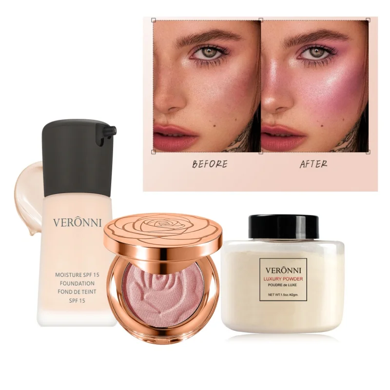 Foundation + Banana Powder + Floral Blush Set – All-in-One Face Makeup Kit, Long-Lasting and Natural Matte Finish, Oil-Control