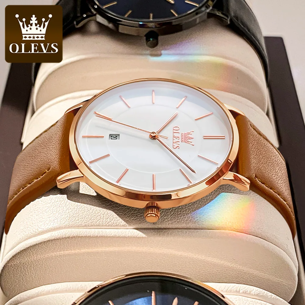 OLEVS 5869 reloj de cuarzo ultrafino de 6,5mm para hombre, correa de cuero de moda, reloj de pulsera Simple de lujo con fecha automática, reloj de pulsera resistente al agua para hombre