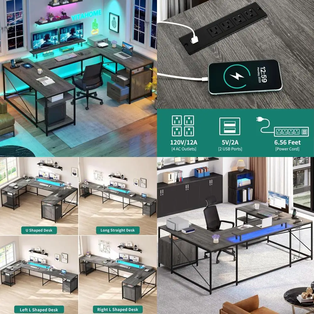 

U-Shaped Desk with Power Outlets and LED Lights, Reversible L-Shaped Desk with Drawers, Corner Computer Desk for Office Use