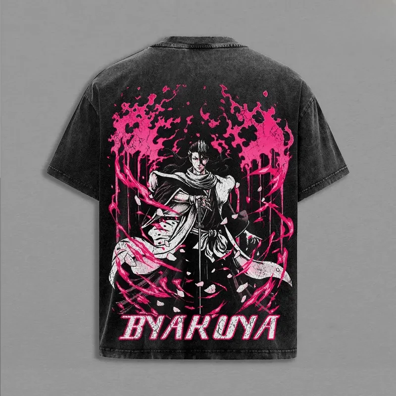 BLEACH Kuchiki Byakuya Manga Retro T Shirt Men Clothing Harajuku Vintage Washed T-shirt Casual Oversized 100% Cotton Tee Clothes