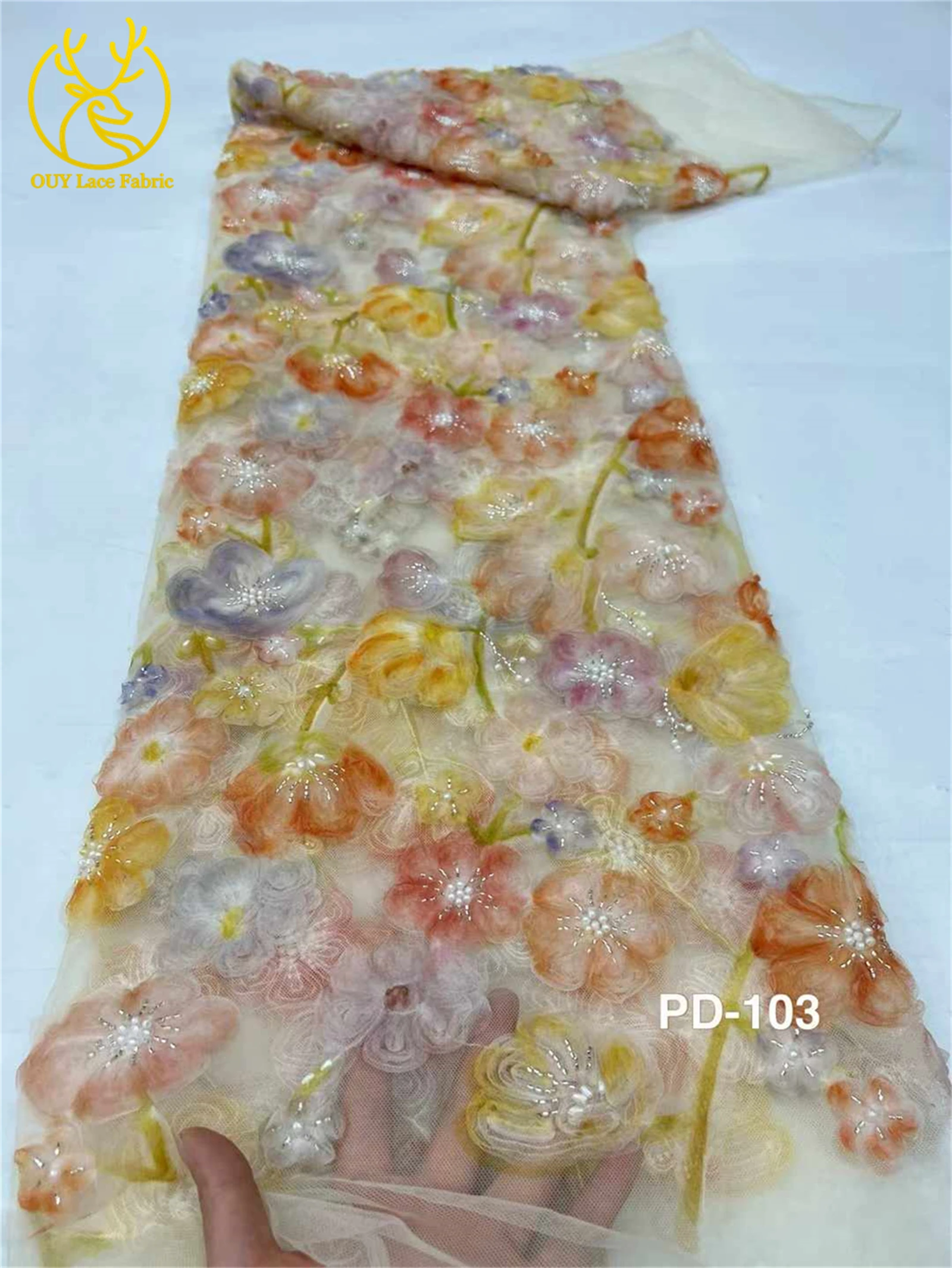 3D Flower Fashion French Mesh Floral Embroidery Lace Fabric African High Quality Beaded Lace Fabric for Women's Wedding Dresses