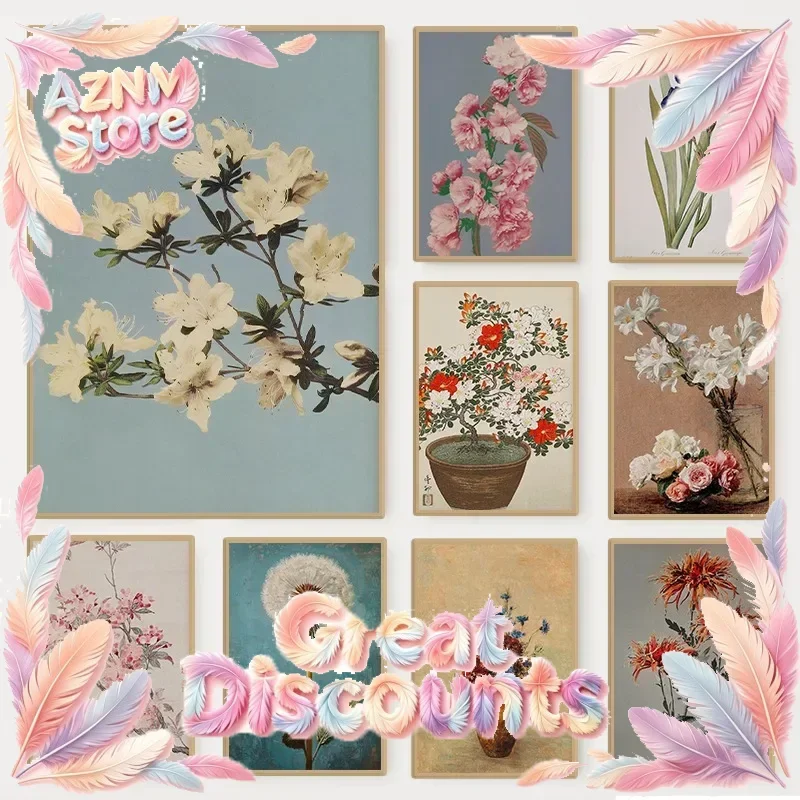 Póster Retro con Ilustración Floral Japonesa, Arte Botánico de Flores como Dalia, Sakura y Azalea, Pintura en Lienzo para Decoración de Paredes de Habitaciones y Hogar