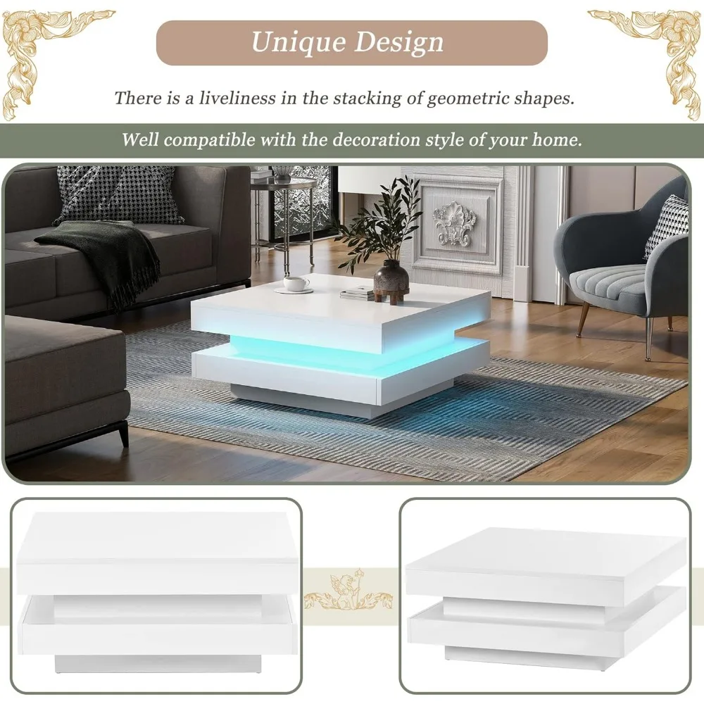 Modern 2-Tier LED Square Coffee Table with 16-Color Plug-in for Living Room