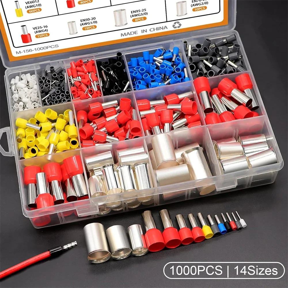 1000PCS Wire Ferrule Kit Copper Crimp Terminals Insulated Pin Cord End Connectors AWG(22 20 18 16 14 12 10 7 5 4 2 1/0 2/0 3/0)