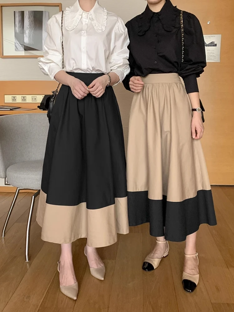 

Женская блузка с воротником-стойкой и юбка миди с завышенной талией, утягивающая, в стиле пэчворк, корейская, для офиса, однотонная, А-силуэт