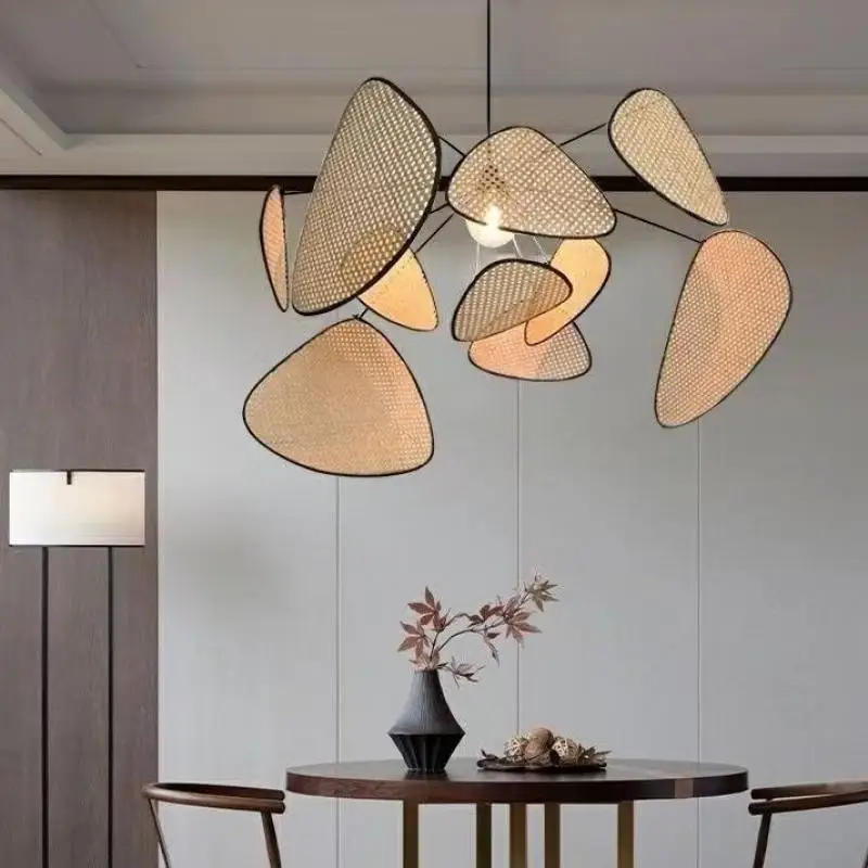 Japanese Style Rattan Chandelier, Creative Leaf Wicker Pendant Light For Home Living Room Bedroom