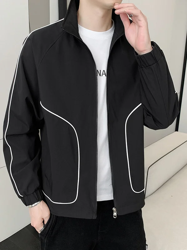 

Spring Autumn Men's Zipper Cardigan Jaet Faionable Trendy Collar Stripe Casual Spor Top Polyester Fiber Long Sve
