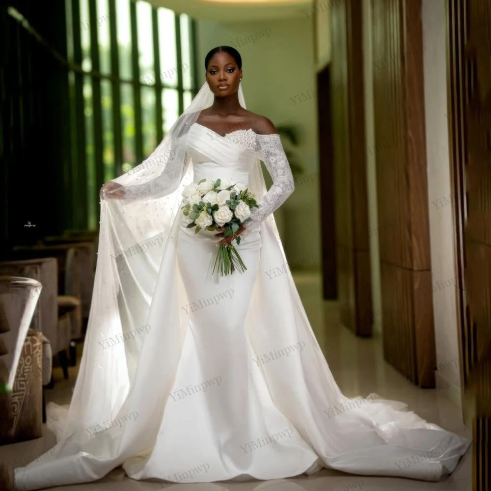 

Exquisite African Wedding Dresses With Detachable Train Plus Size Mermaid Bead Bridal Dress Elegant Lace Long Sleeve Customized