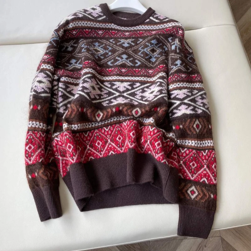 

Cashmere and Silk Blended Loose Round Neck Ribbed Jacquard Cardigan Sweater for Women