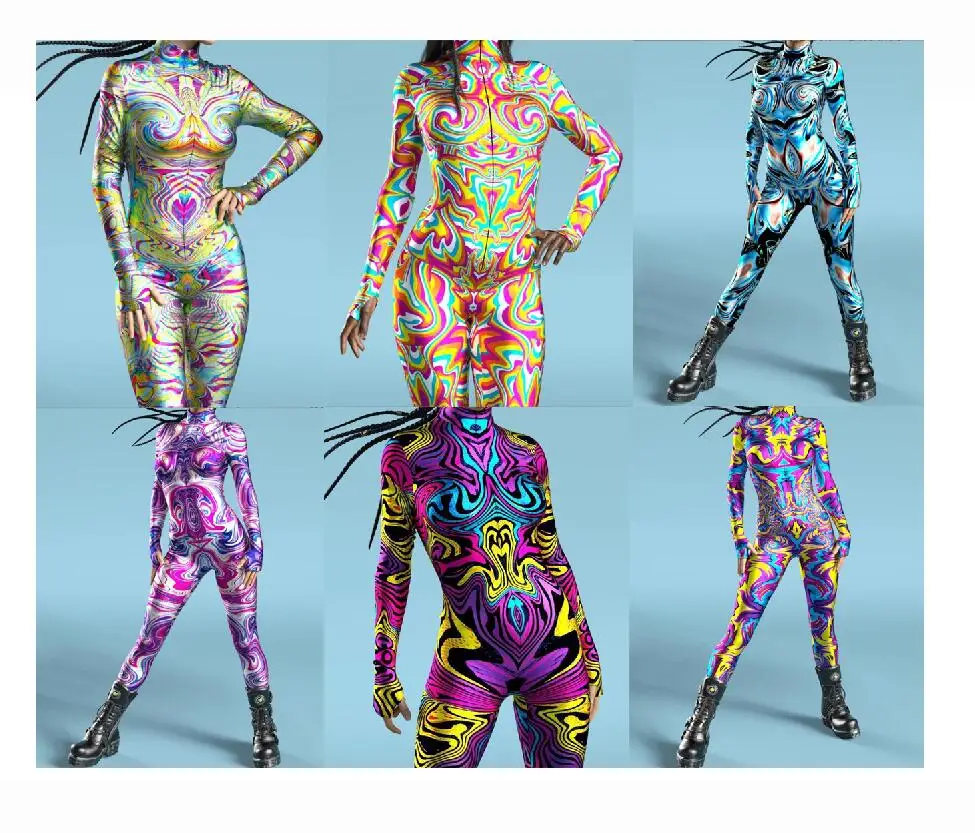 Colorful Rainbow Abstract Geometry 3D Print Women Sexy Skinny Jumpsuit Carnival Holiday Party Cosplay Costumes Fancy Bodysuit