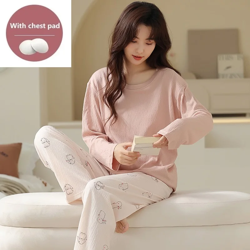 2PCS/Set Women Pajamas Autumn Spring With Chest Pad Cotton Sleepwear Lovely Print Long Sleeve Pyjamas Female Home Suit M-4XL