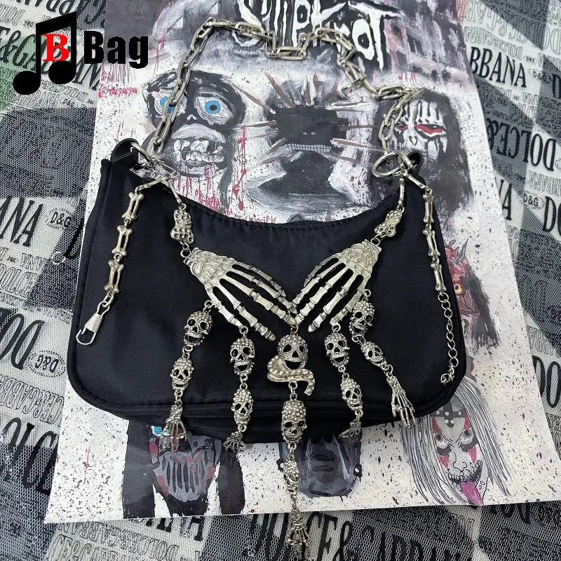 

women's handbag Retro metal Men unsex Y2K cool girl Harajuku soft leather Goth punk Versatile Skull Chain crossbody bag