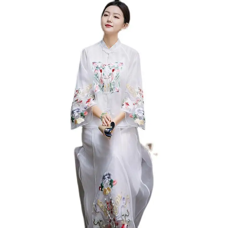 Zen Tea Art Improved Cheongsam Top Young Lady Ao Dai Dress Tang Suit women's Chinese Style Embroidery Retro Half Skirt Hanfu Set - Image 5