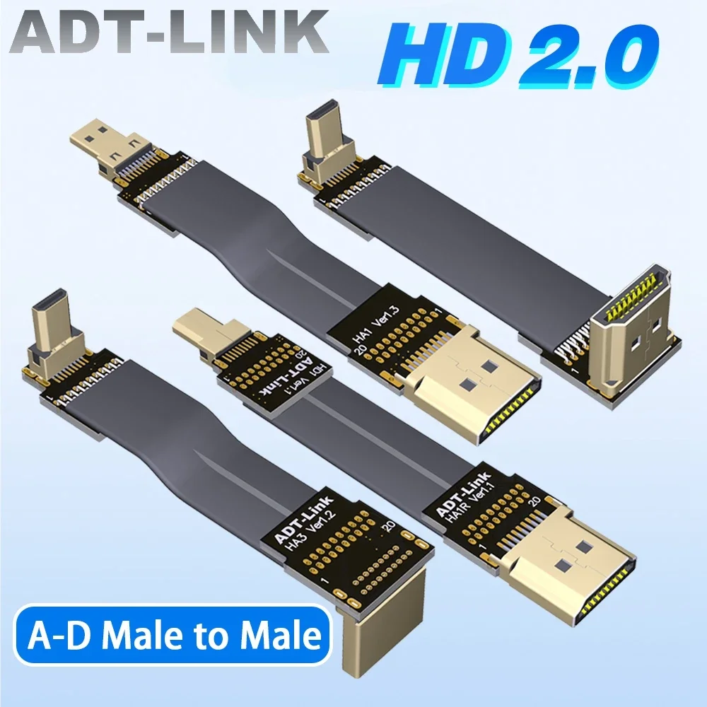 Ribbon FPV 20P A-D Micro-HDMI 2.0 Converter Cable HDMI-A to D Type Slim 90 Angled Male For PC AV HDTV LCD FPV FFC 3D Multicopter