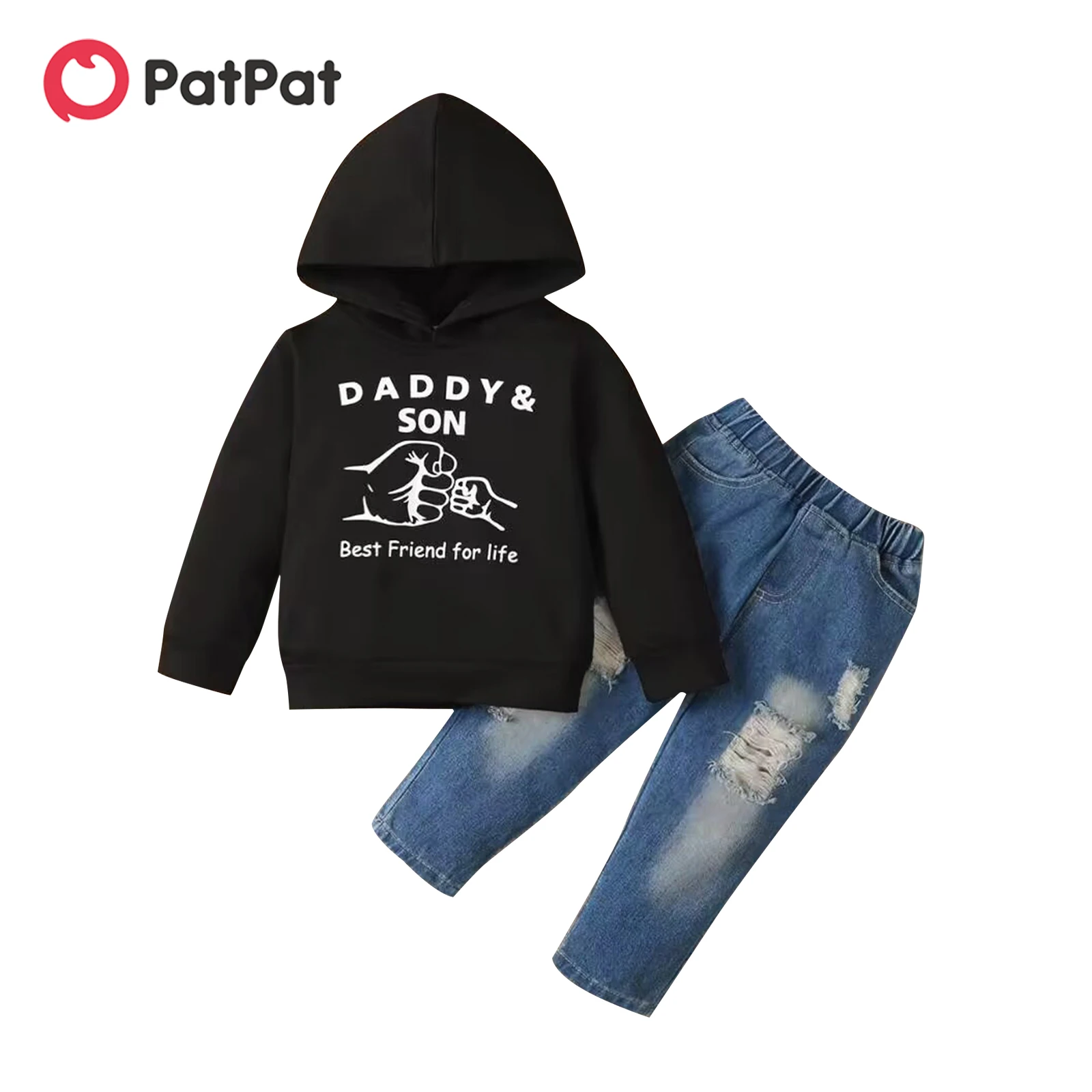 

PatPat 2pcs Toddler Boy Trendy Ripped Cotton Denim Jeans and Letter Print Hoodie Sweatshirt Set