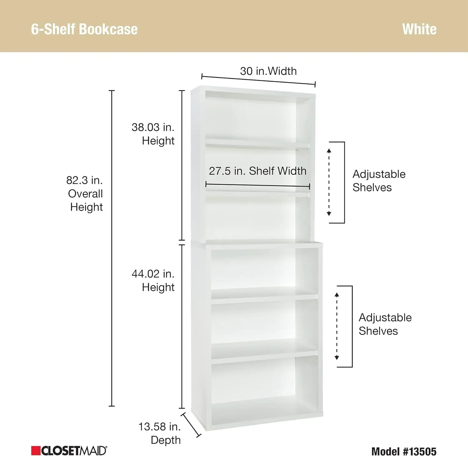 Bookshelf with 6 Shelf Tiers, Adjustable Shelves, Tall Bookcase Hutch, Sturdy Wood With Closed Back Panel, White Fini