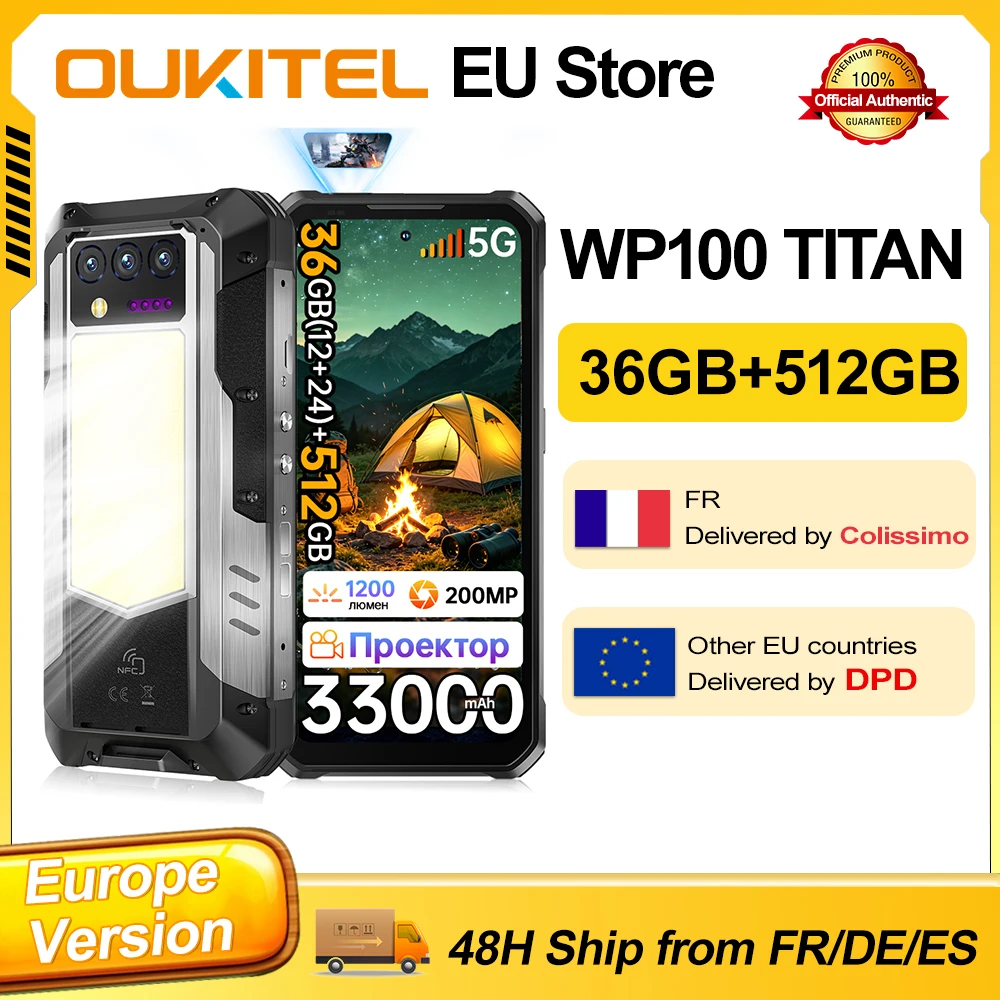 Smartphone robuste OUKITEL WP100 TITAN Android 14 33000mAh 66W 36GB(12+ 24) 512GB avec projecteur laser 200MP, lampe de camping, écran 6.8'' 120Hz