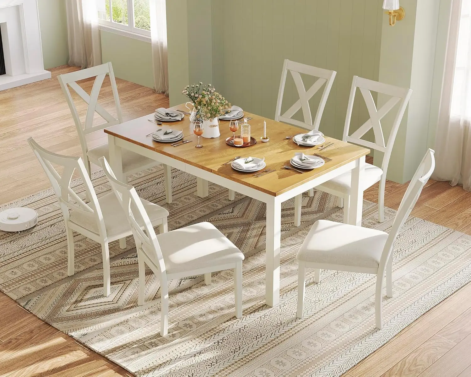 

7-Piece Solid Wood Dining Table Set, 60" Farmhouse Dining Table with 6 Chairs, Kitchen & Dining Room Furniture, Distressed Cream