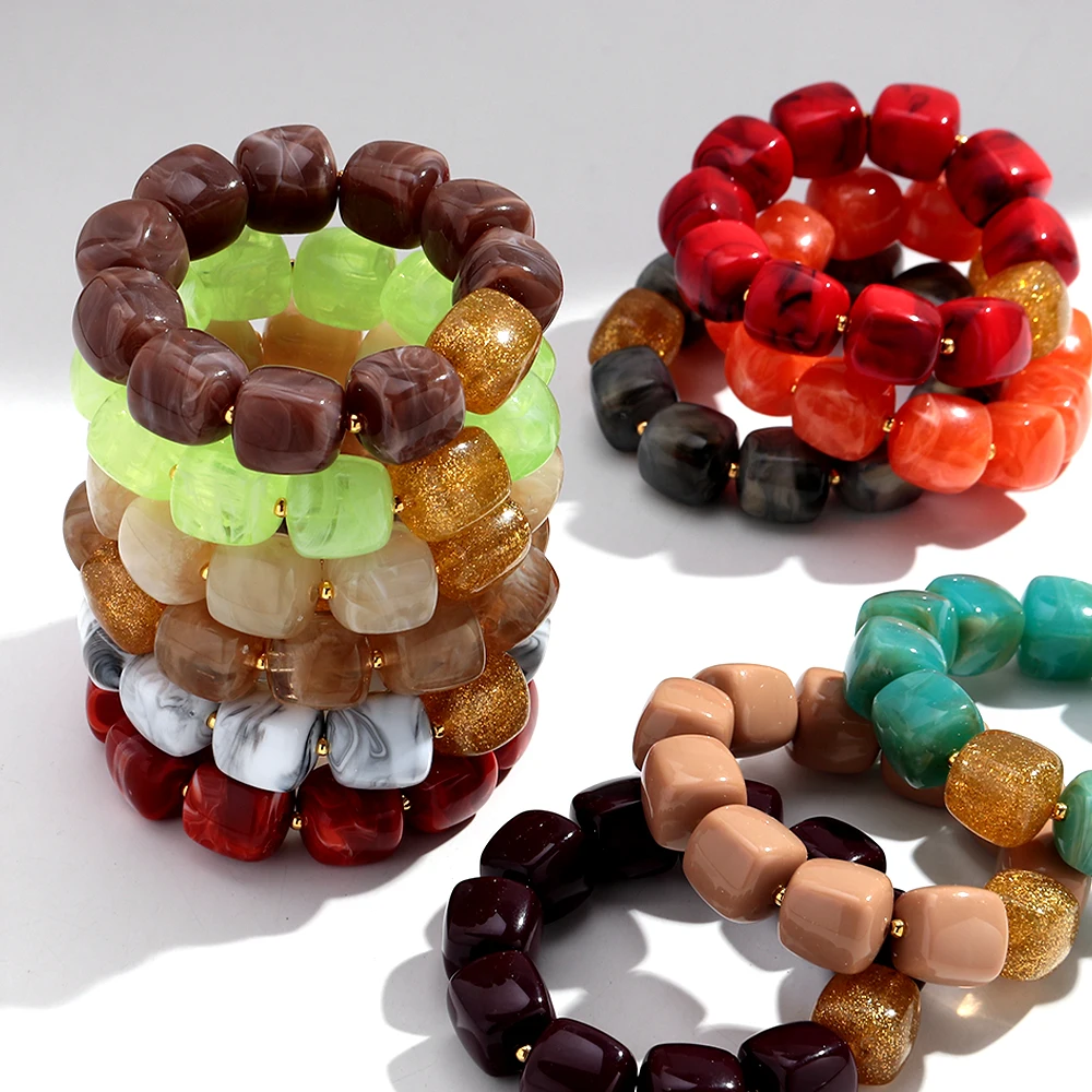 Trendy Acryl Bunte Geometrische Quadratische Perlen Elastische Armbänder für Frauen Neue Glitter Perlen Armband Armreifen Partei Schmuck – Detail 6