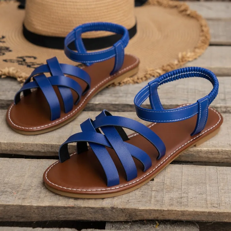 Summer Lightweight Casual Slip-on Women Comfortable Flat Beach Sandals Retro Crossover Solid Color Roman Style Plus Size_vogvips.com