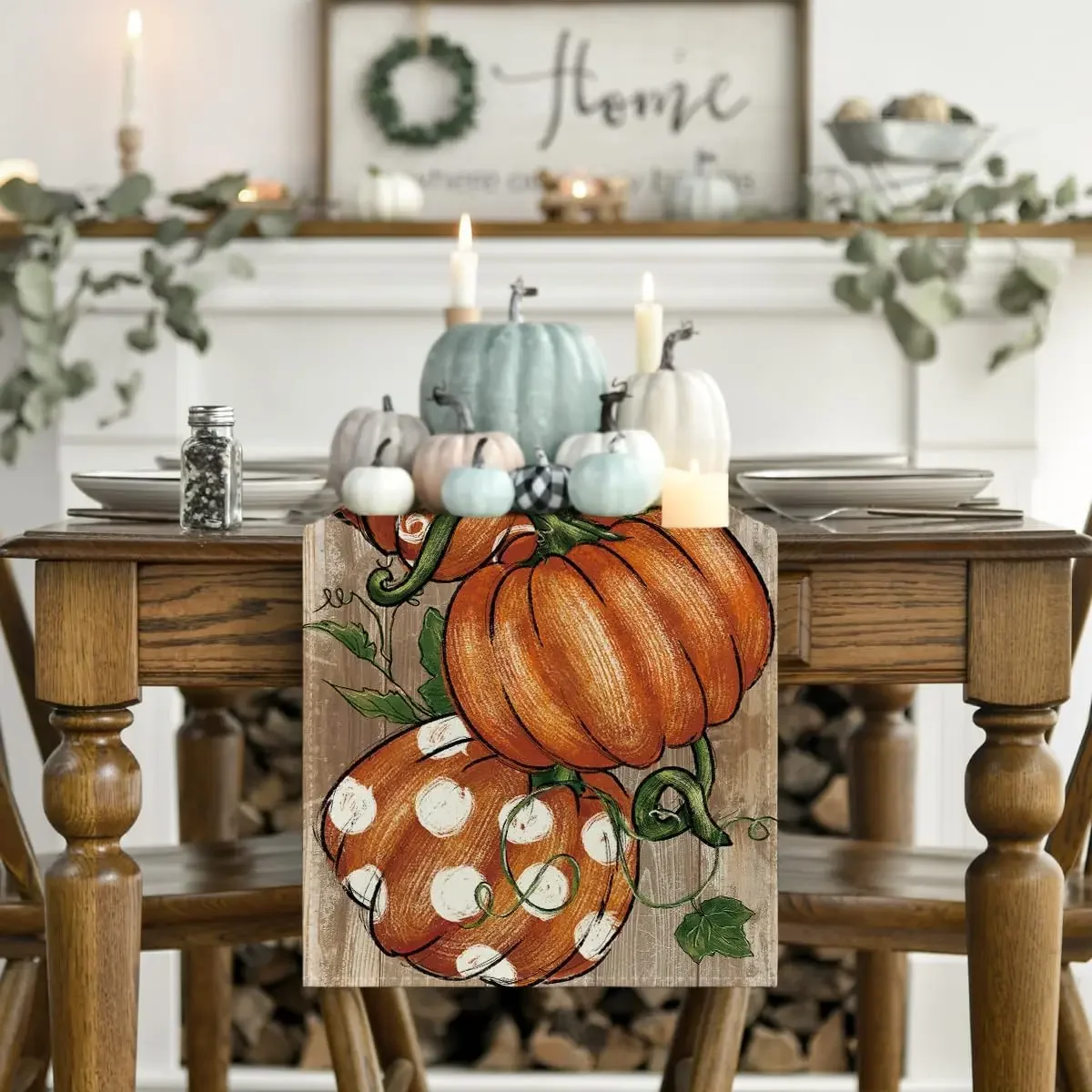 Autumn Polka Dot Pumpkins Vine Linen Table Runners Table Decor Farmhouse Kitchen Dining Table Runners Thanksgiving Decorations