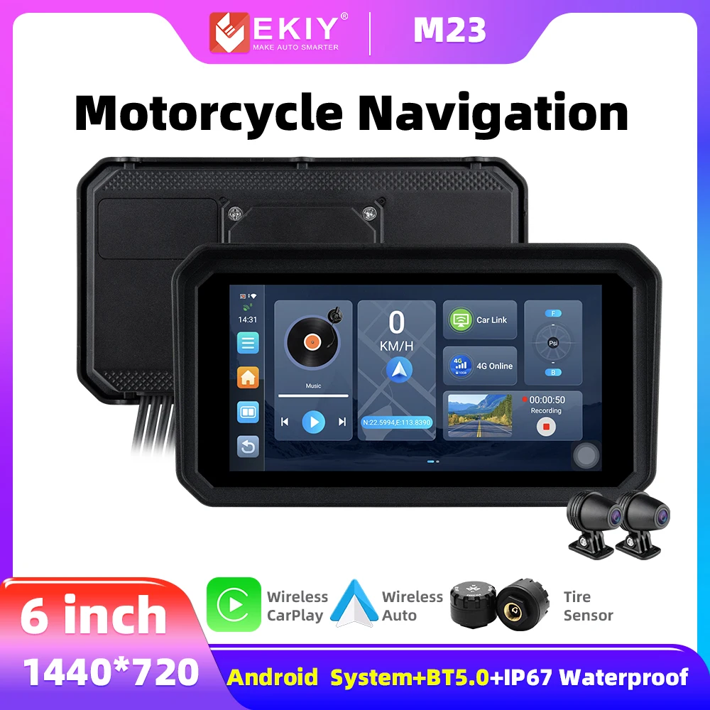 EKIY 6.0 inch Android 14 Wireless Carplay Android Auto For Motorcycle GPS Navigation Portable Display Motorbike TPMS DVR Screen