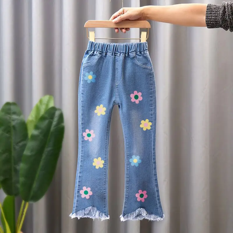 Nuovi pantaloni in denim per ragazze Primavera Autunno Moda per ragazze Jeans stampati Pantaloni a zampa d\'elefante Pantaloni elastici casual per