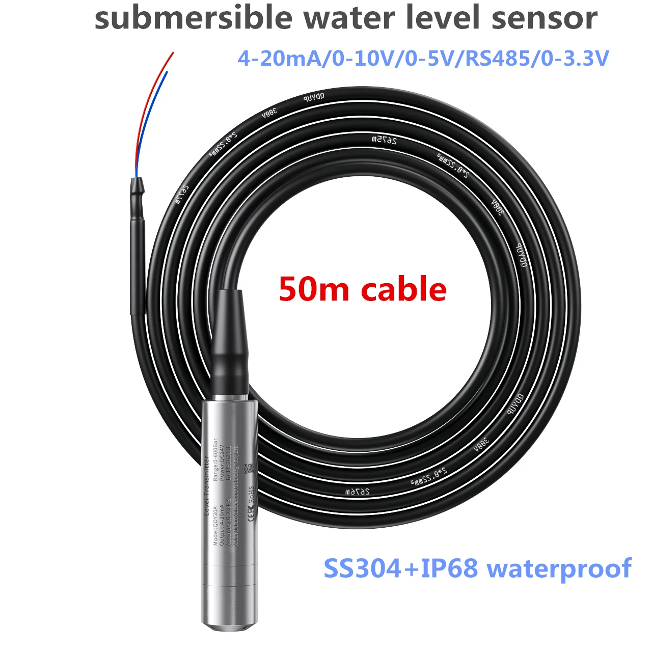 

50m cable Submersible Liquid Level Sensor Transmitter fuel gas Hydrostatic Water Level Sensor 4-20mA 0-10V RS485 0-3.3V