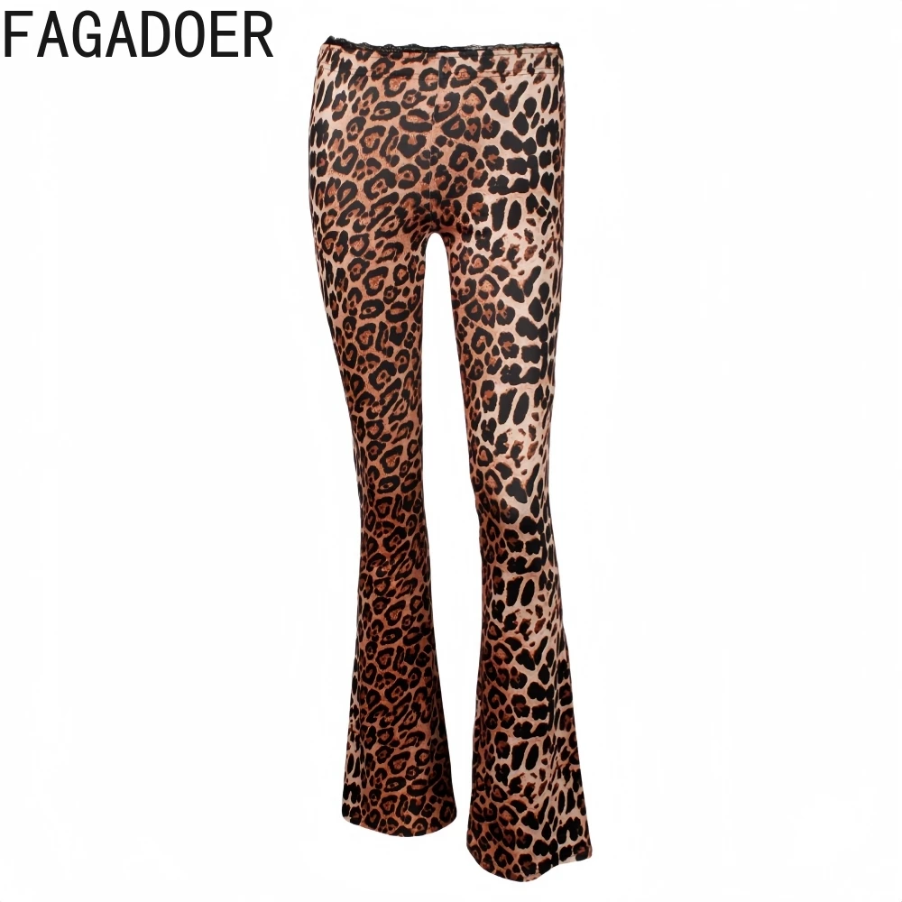 FAGADOER Y2K Sexy Leopard Print Flared Pants Women High Wais lace patchwork Leggings Pants female Party Nightclub bottoms 2025