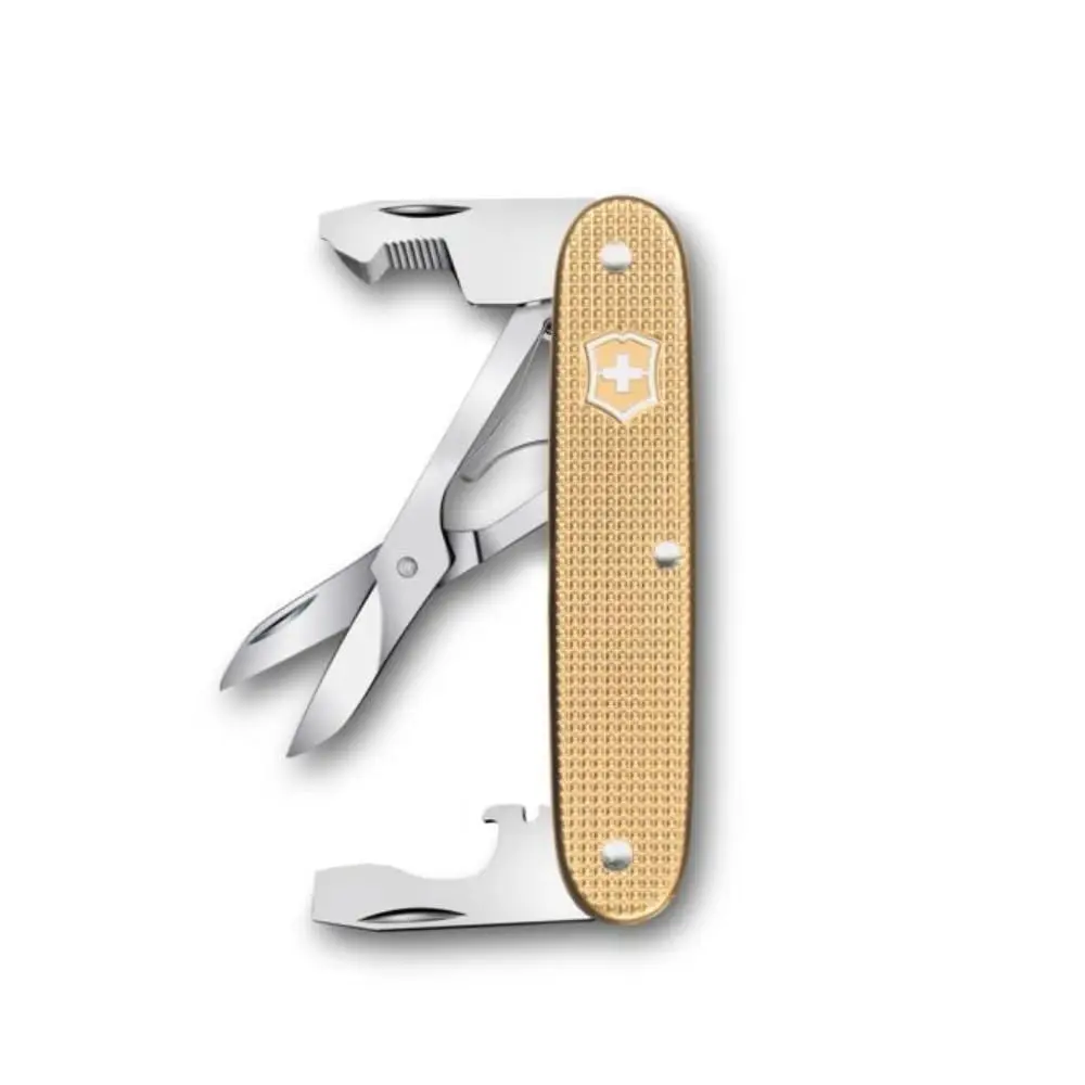

Многофункциональный карманный инструмент Companion Slim Alox 6 в 1: ножницы, открывалка для пакетов, отвертка, швейцарское производство, золотой цвет