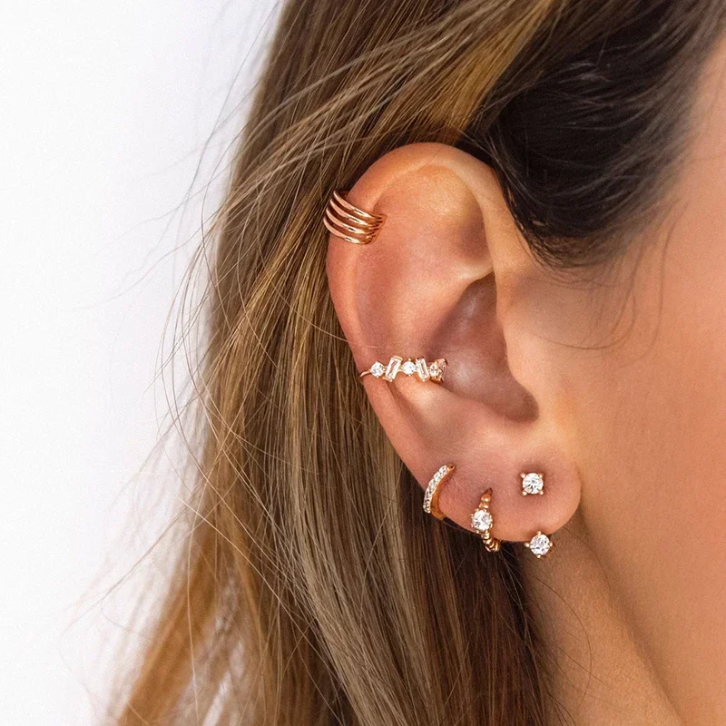 925/18K gold-plated silver ear Clips For Women Dainty Baguette Round Zircon CZ Conch Ear Cuff Earrings Fashion Trend Jewelry