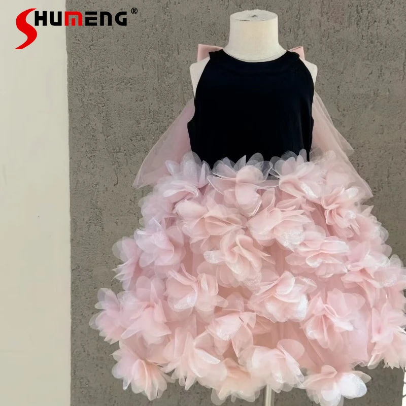 

Нежно-розовое платье принцессы без рукавов для девочек, цветочное платье на день рождения, черно-розовое платье, детское праздничное длинное платье для банкета