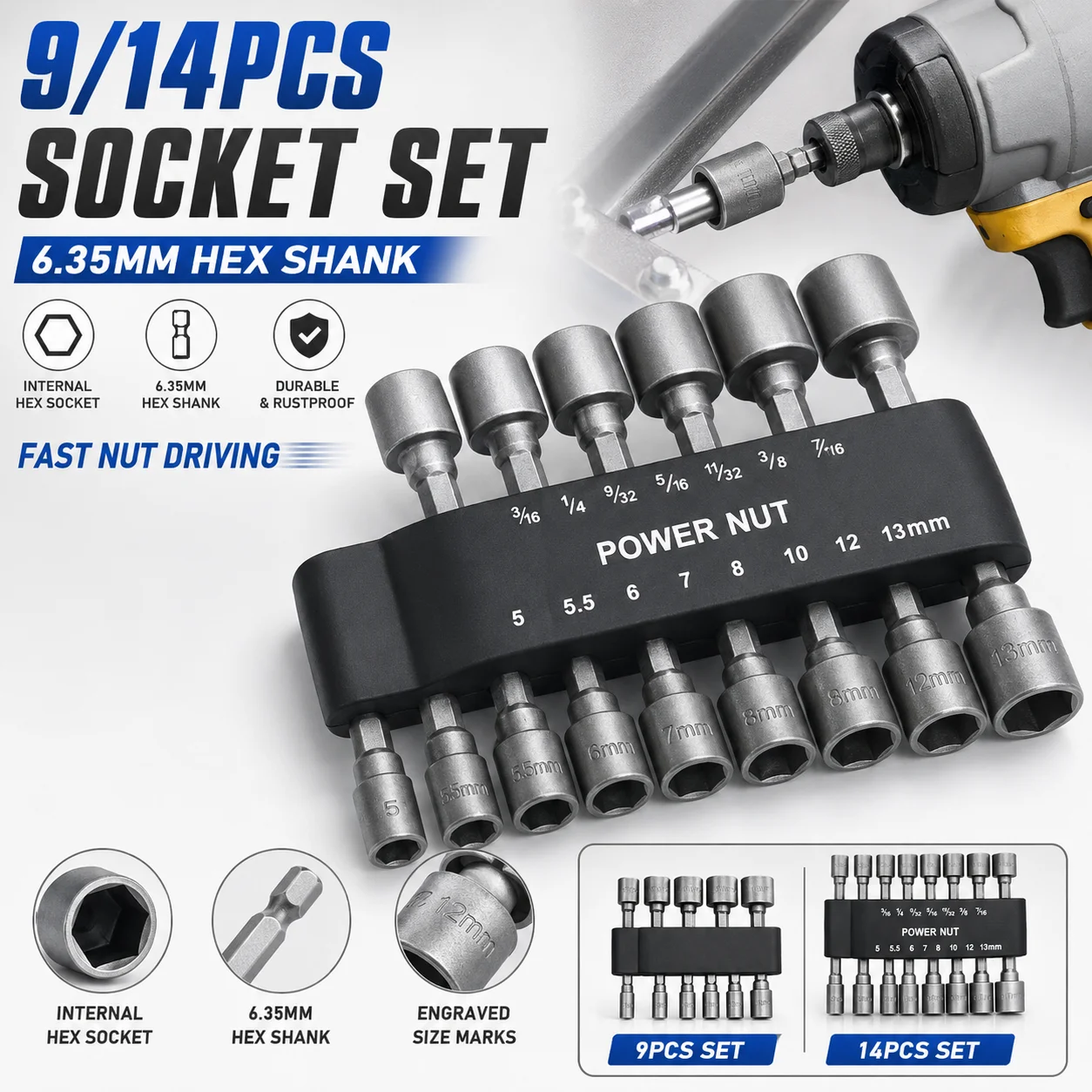9/14PCS Socket Set, 6.35mm Hex Shank Screwdriver Drill Bit Extension Rod, Auto Repair Power Tool Accessories