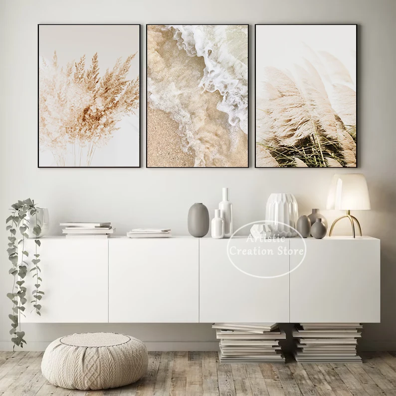 Neutral Boho Beach Coastal Pampas Grass Ocean Waves Photography Poster Canvas Painting Modern Wall Art Pictures Home Decor