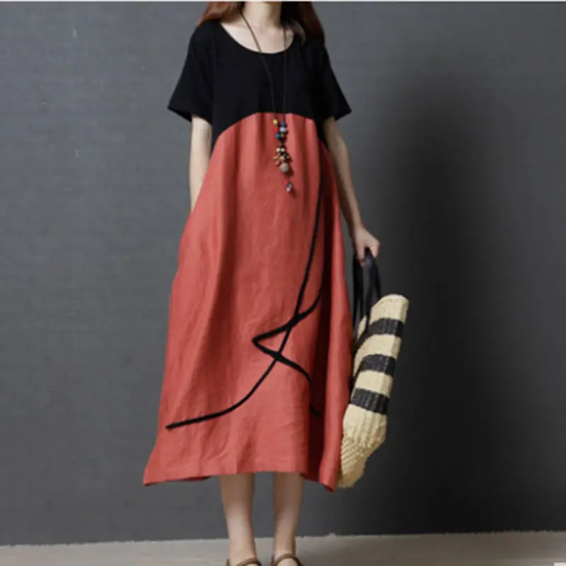 

Fashion O-Neck Spliced Short Sleeve Printed Casual Dresses Women's Clothing 2024 Summer New Loose Commuter Ladies Dresses