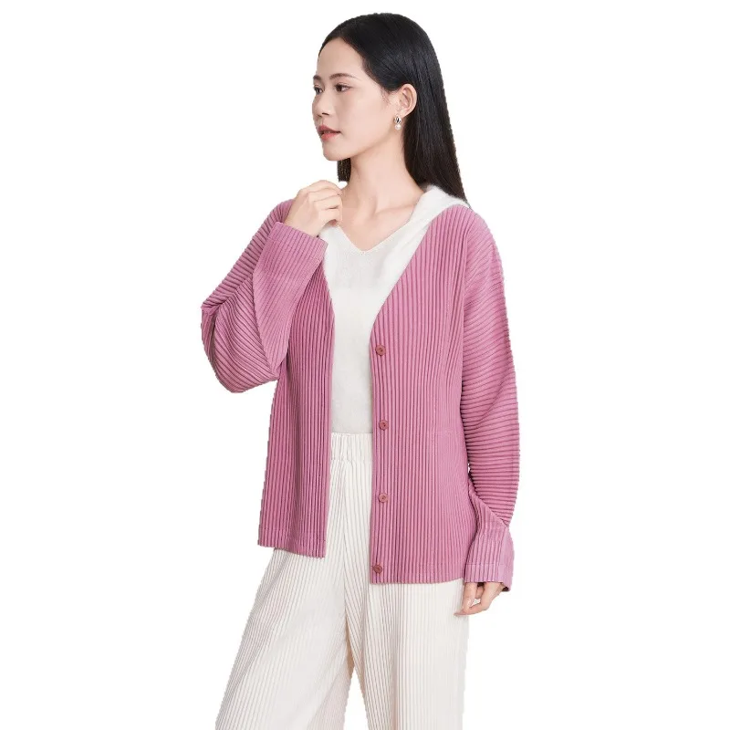 مياكي مطوي 2025 سترة الخريف الجديدة الإناث اليابانية الموضة البرية فضفاضة واحدة الصدر مطوي الخارجي سترة قصيرة بلوزة #5