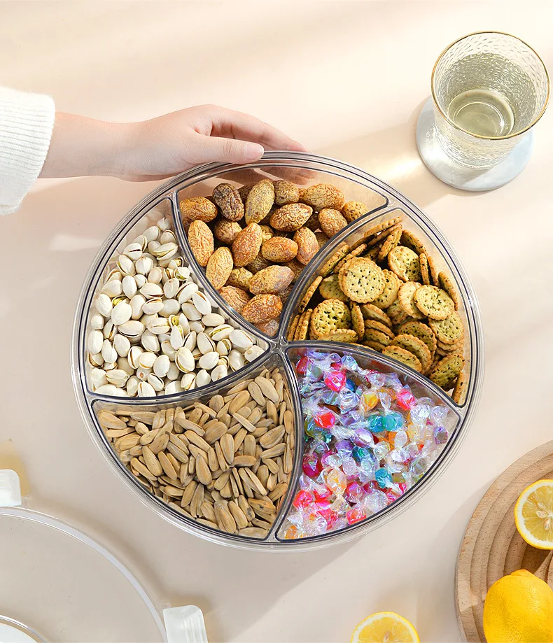 Rotatable Compartment Snack Tray, Multi Grid Nut Candy Storage Box for Living Room, 5 Grid Square Dried Fruit Plate for New Year