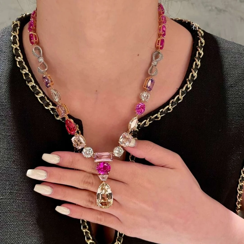 Bellux Rose Candy Bean Rainbow Two Piece Set 925 Silver Synthetic Gem Colored Alien Diamond Necklace Earring Set Jewelry Women
