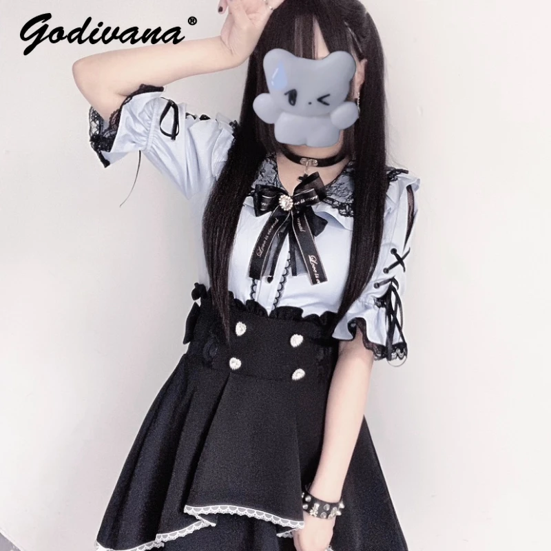 

Japanese Mine Mass-Produced Lace Cuffs Lace-up Half Sleeve Lolita Shirt Sweet Cute Girl Women's Bow Blouses Summer Blusas