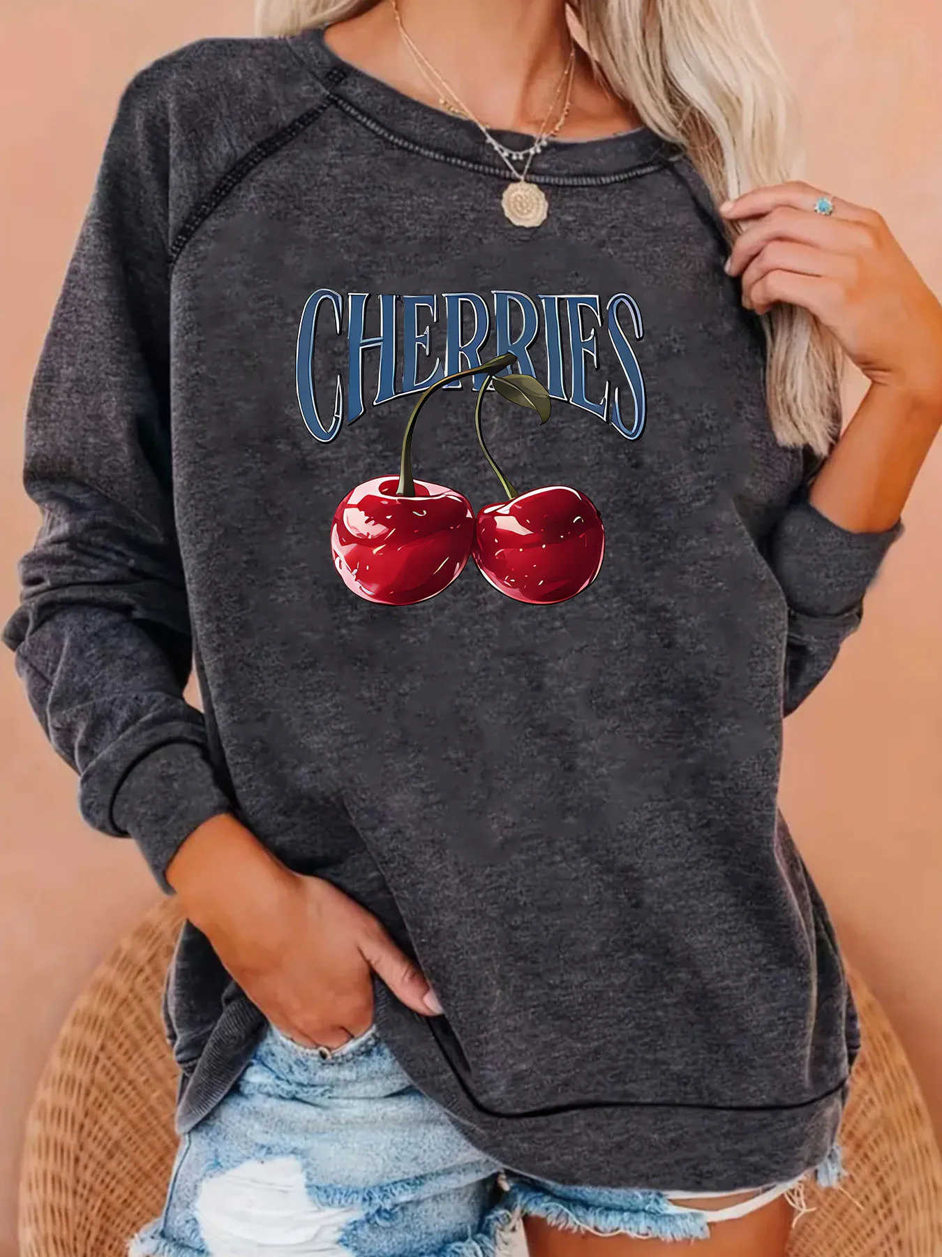 Sweet cherry fruit print pullover, spring-autumn style round-neck long-sleeved casual crossover pullover, women's clothing