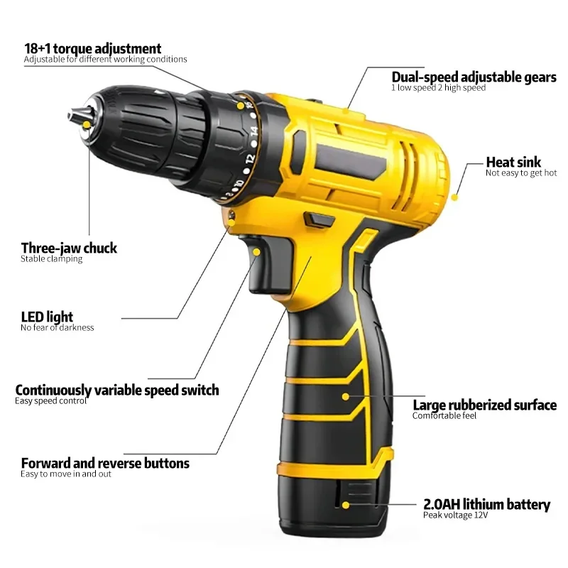 12V Electric Impact Cordless Drill High-power Lithium Battery Wireless Rechargeable Hand Drill Home DIY Electric Power Tool