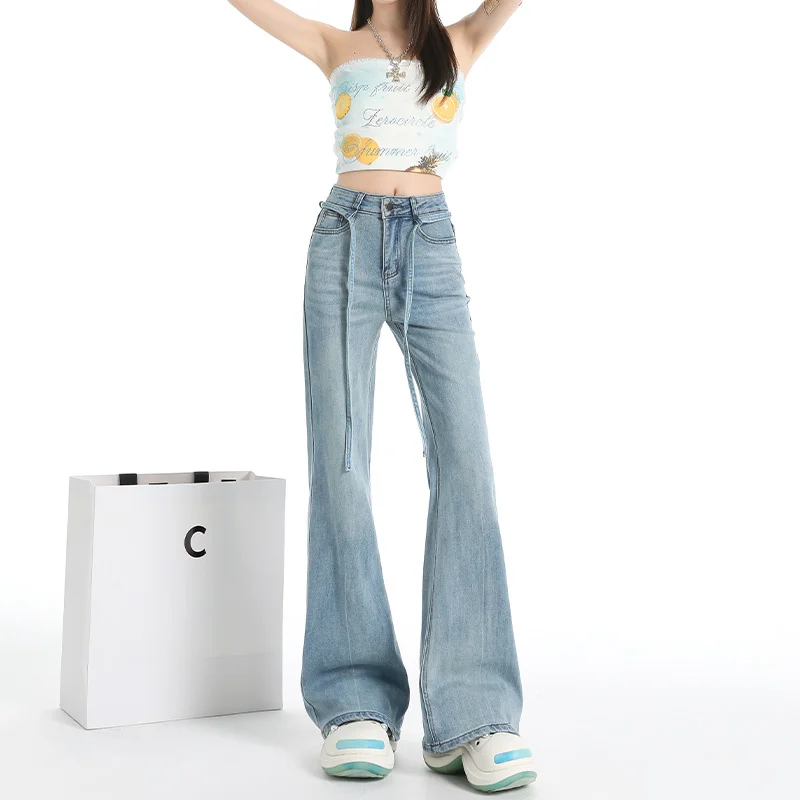 Ou Ruofeng Korean version of drawstring high waist non-stick leg micro-pants female slim jeans (extended)