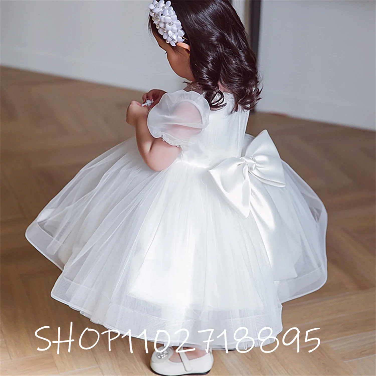 

White Flower Girl Dresses Children Birthday Party Puffy Wedding Dress For Kids First Communion Beading Vestidos De Novia