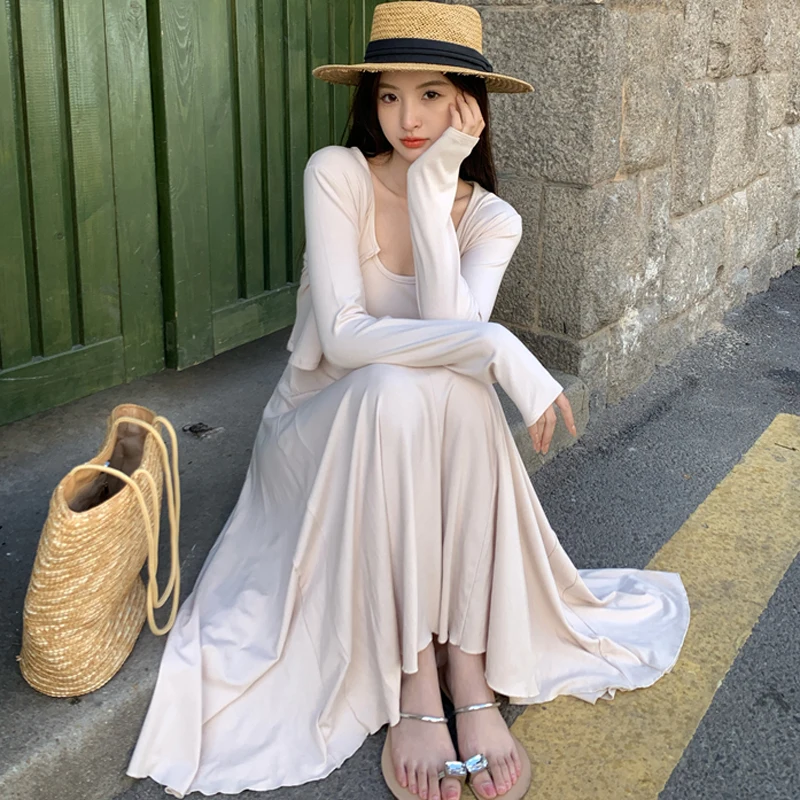 

New Spring Fashion Knit Two Piece Set Women Elegant Long Sleeve Cardigan Tops And Sexy Sling Long Dress Female Clothing