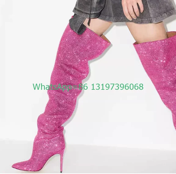 Lady glitter demand bling over the knee boots pointed toe pleated design stiletto heel rhinestone boots new arrive pink running