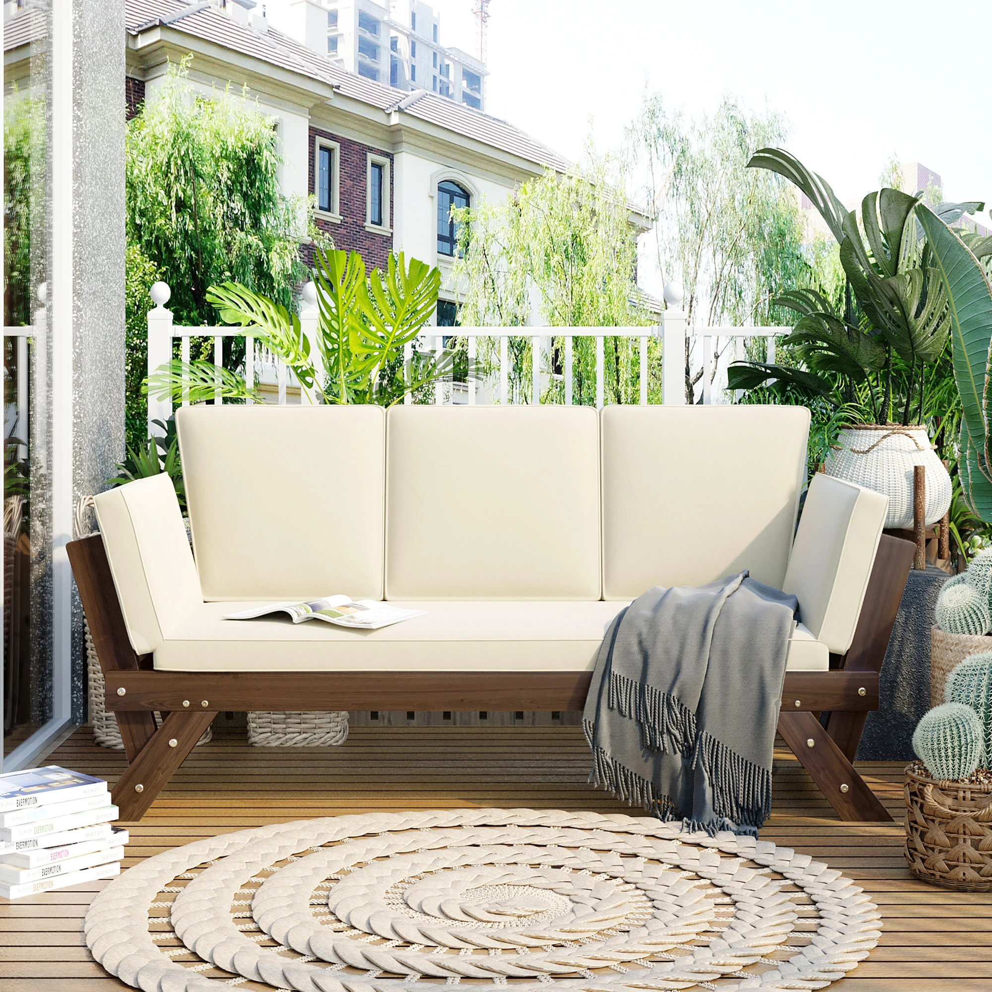 Outdoor Daybed Furniture - Verstellbares Acacia-Holz-Tagesbett für den Außenbereich, 3-Positionen-Liege,