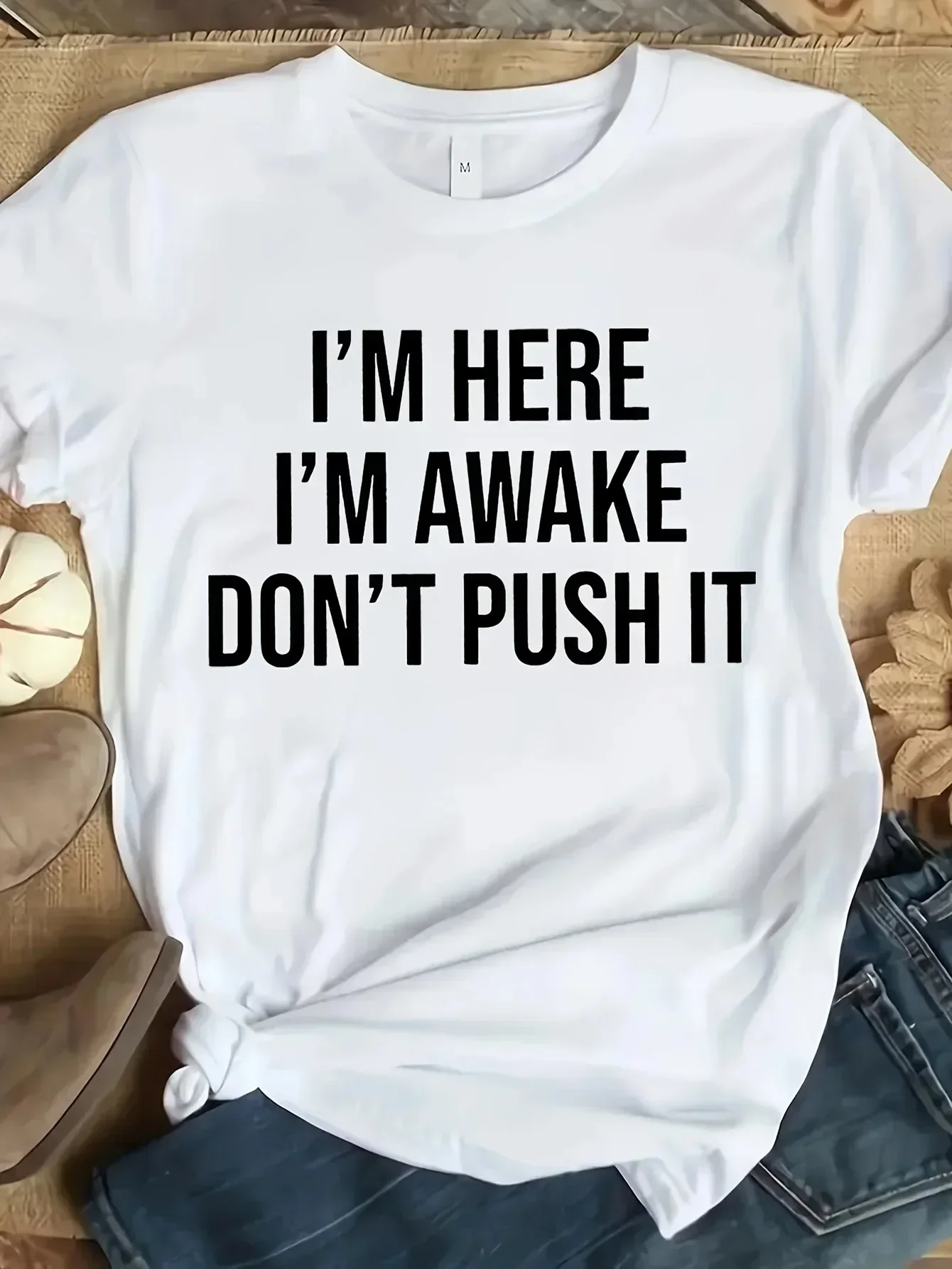 

I'M AWAKE Letter Print T-shirt Short Sleeve Crew Neck Casual Top for Summer & Spring Women's Clothing Aesthetic Clothes Casual